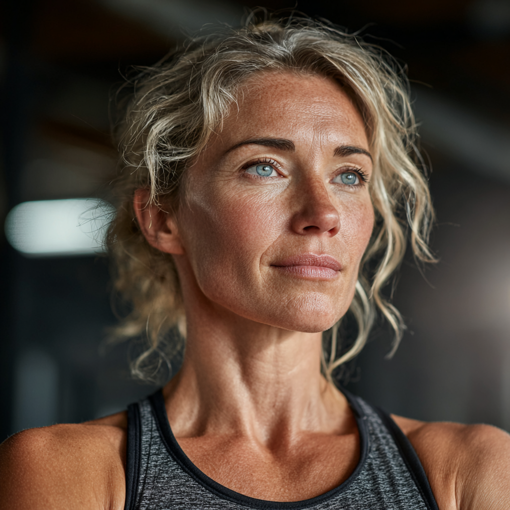 Confident middle-aged woman in her 40s wearing workout clothes, standing in a modern gym with natural lighting, showing determination and wellness focus