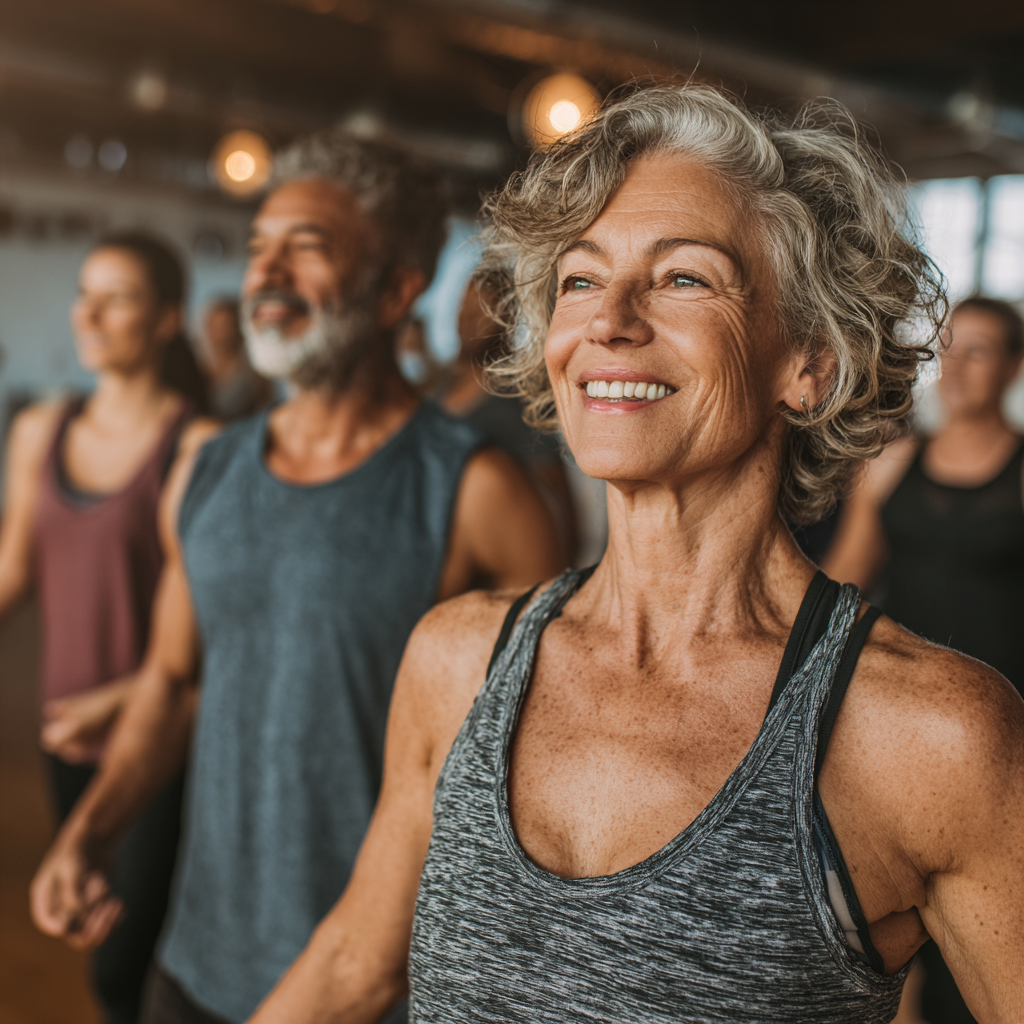 Group of mature adults aged 40-55 exercising together in a bright fitness studio, showing diverse participants engaged in healthy lifestyle activities with positive energy